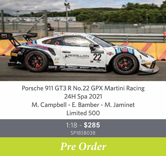 Porsche 911 GT3 R No.22 GPX Martini Racing - 24H Spa 2021 - M. Campbell - E. Bamber - M. Jaminet. Limited 700 - Pre Order Now