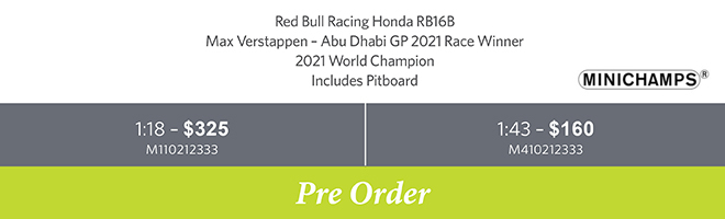 Red Bull Racing Honda RB16B Max Verstappen – Abu Dhabi GP 2021 Race Winner 2021 World Champion Includes Pitboard - Pre Order Now