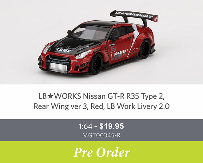 LB★WORKS Nissan GT-R R35 Type 2, Rear Wing ver 3, Red, LB Work Livery 2.0 1:64 $19.95 - Pre Order Now