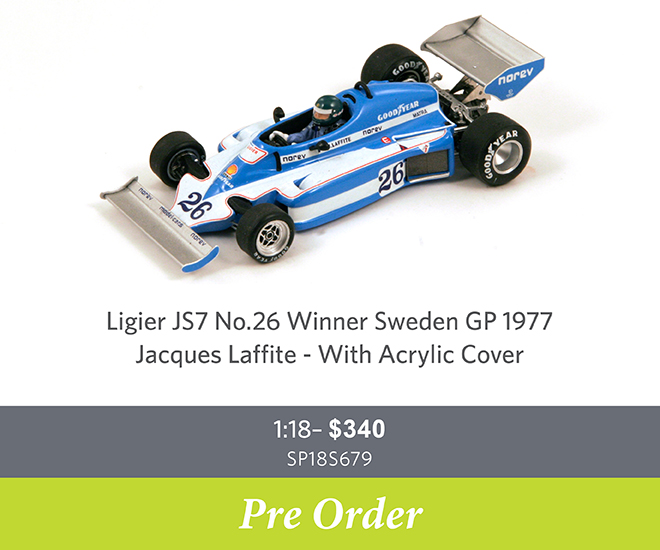Ligier JS7 No.26 Winner Sweden GP 1977 - Jacques Laffite - With Acrylic Cover - 1:18 Scale Resin Model Car - Pre Order Now