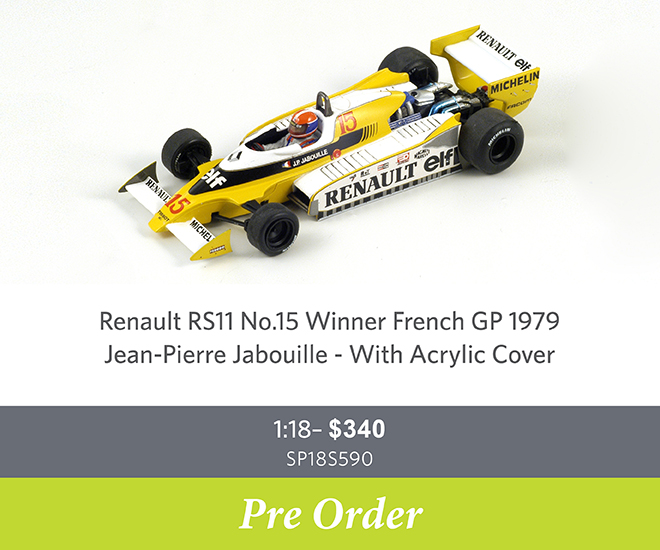Renault RS11 No.15 Winner French GP 1979 - Jean-Pierre Jabouille - With Acrylic Cover - 1:18 Scale Resin Model Car - Pre Order Now