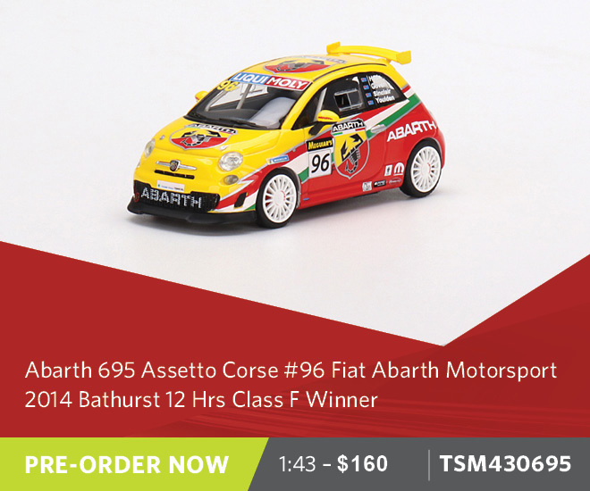 Abarth 695 Assetto Corse #96 Fiat Abarth Motorsport 2014 Bathurst 12 Hrs Class F Winner - 1:43 Scale Resin Model Car - Pre Order Now