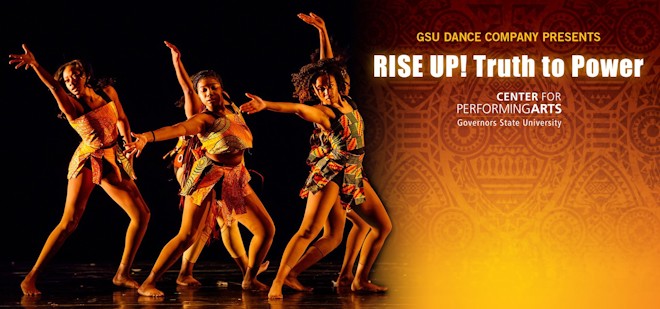 4 dancers in African print costumes performing. Text reads: GSU Dance Company presents RISE UP! Truth to Power. Against a yellow and brown tribal print background