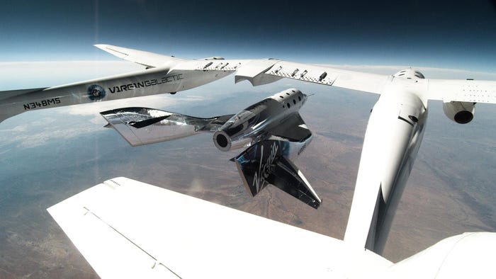 The Virgin Galactic spacecraft detaching from the aircraft