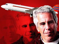 Jeffrey Epstein repeated three times in front of an airplane on a red background.