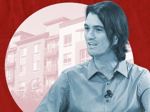 Photo Illustration of WeWork co-founder Adam Neumann over a photo of apartment buildings.