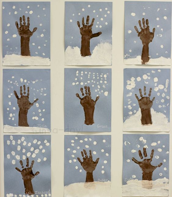 Winter hand print tree art to make with the kiddos! Talk about how trees change throughout the year as they use their hands and fingers to create art.