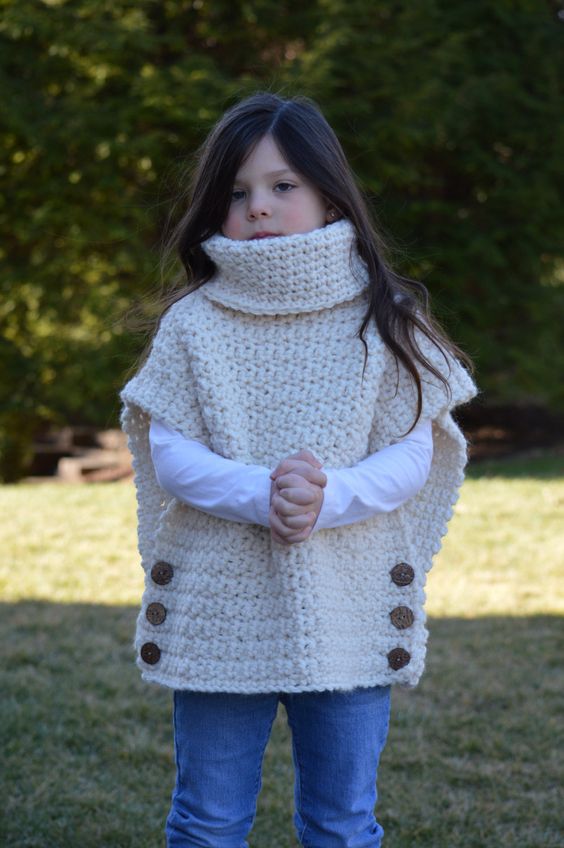 Crochet Pullover Sweater with Cowl Neck and Button Closure. Cream. Child size 5/7. by ALittleFaithandGrace on Etsy