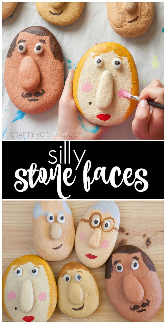Make silly stone faces! Fun kids craft using rocks, pebbles, and stones! Painting rocks activity for the kids. #stoneactivities #stonefaces #kidcrafts #rockcrafts #stonecrafts #pebblecrafts #craftymorning