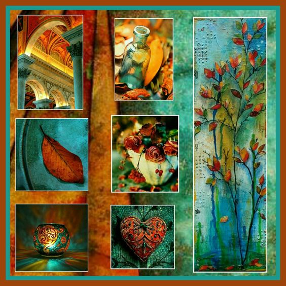 We have TEALS, TURQUOISE, RUST/COPPER/RUSSET and a HINT OF GREEN in this mood board ~ STUNNING board for our Willow yesterday! I'm going to have to have a board of it â™¥ Thank you, my dear :)