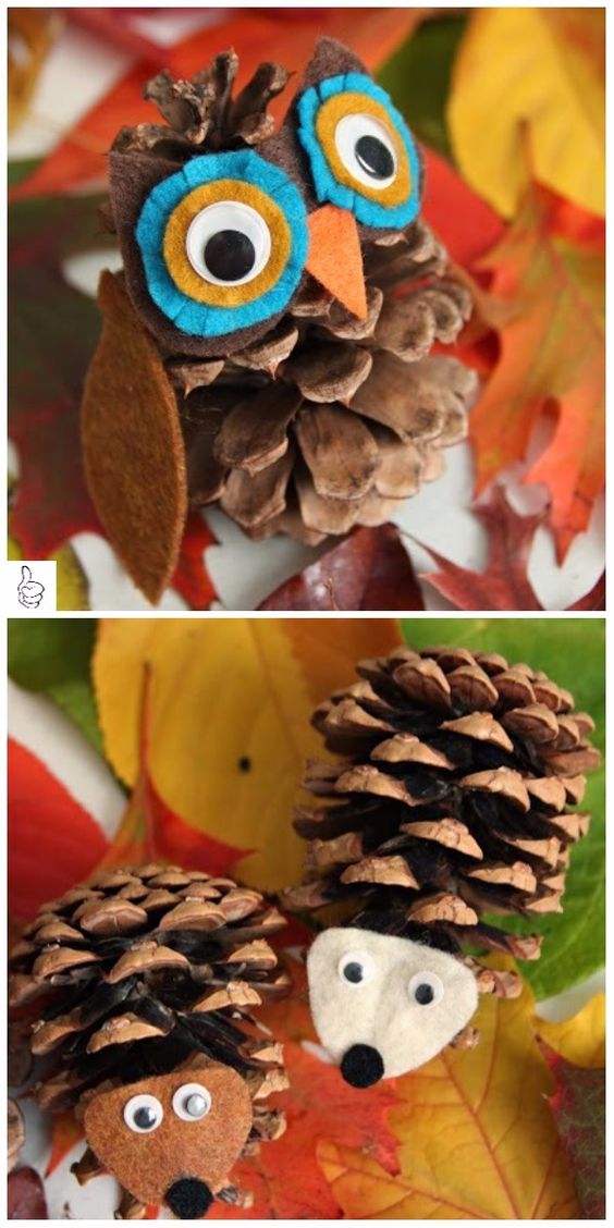 DIY Pine Cone Craft Ideas - DIY Felt Pine Cone Owl and Hedgehog Tutorial