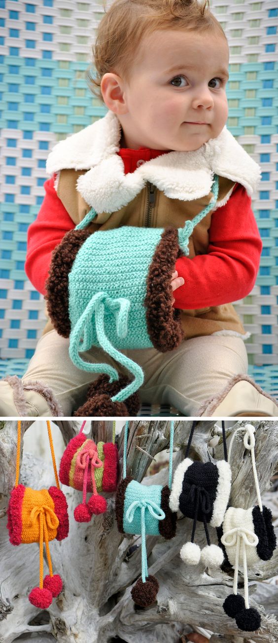 Free Knitting Pattern for Child’s Handwarmer Muff - This easy handwarmer features pompoms, i-cord bow, and neck strap. The muff is knit in tube with half folded inside during finishing. The stitch is an easy 2 round repeat double seed stitch. Designed by Chuck Wilmesher for skacel.