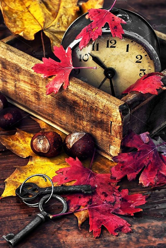 October fall leaves Photos Obsolete alarm clock on wooden background strewn with fallen leaves by MLunov