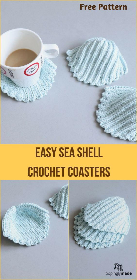 Crochet Seashell Coasters, anyone? Let's get hooking with this fun crochet coaster pattern. Easy enough for a beginning crocheter, textured enough for the experienced crocheter. Try it! #crochetcoasters #seashellcoaster #seashellpattern #clamseashell #beginnercrochetpattern