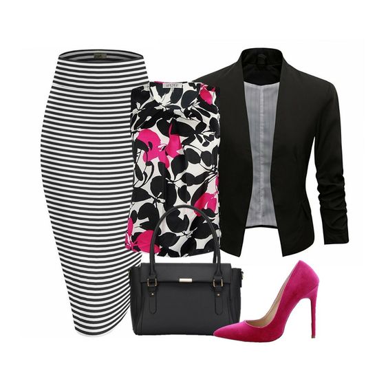 A beautiful Kasper floral print blouse with pink highlights goes great with a stripe Hybrid & Company stretchy pencil skirt. Throw on a black blazer Jacket to tone down that popping pink of a Liliana velvet pointy toe stiletto pump and grab a black Hynes Victory commuter working handbag for the
