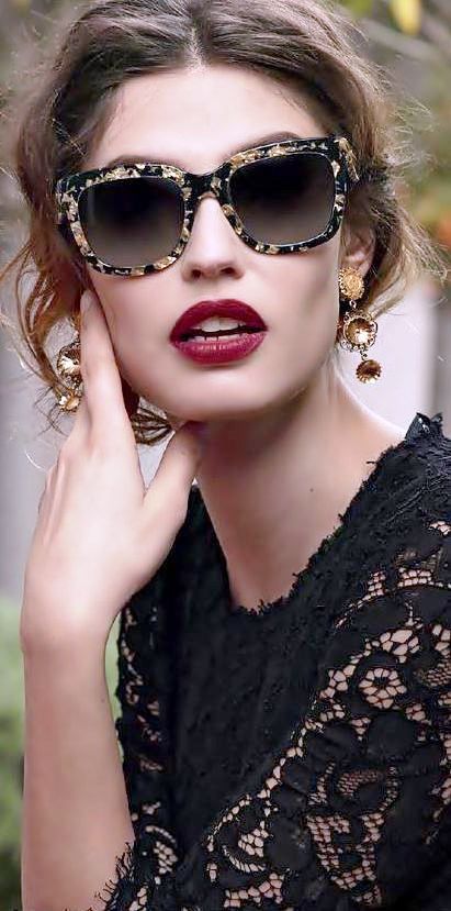 LOVE! ... Dolce  Gabbana.  So love all this.  I NEED these glasses. Gold leaf.. dolce Vita, bella. Black lace, dark red lips, gold embellishments.
