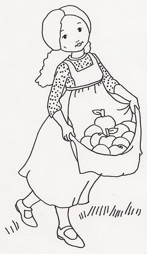 Redwork to embroider - Girl is carrying Apples in Apron Summer Designe
