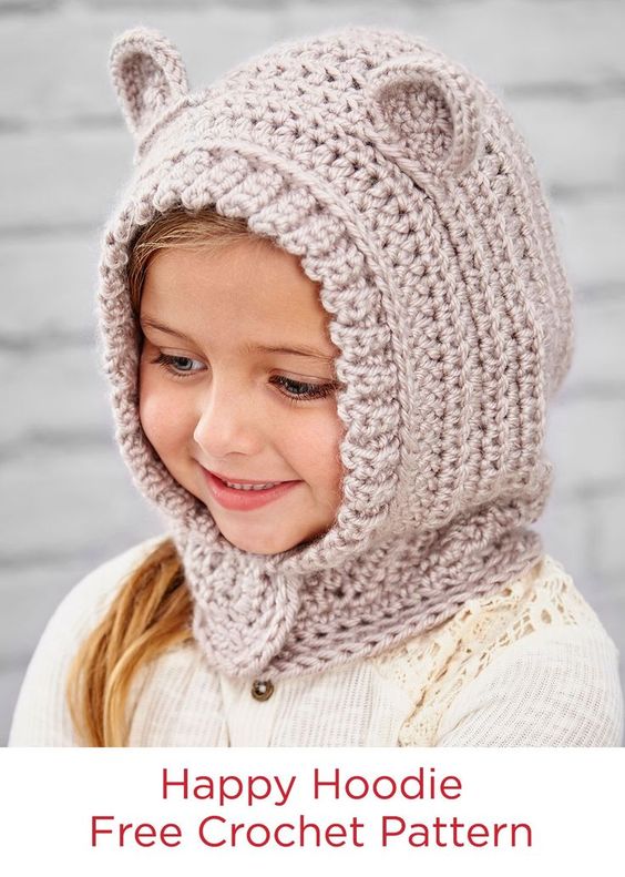 Happy Hoodie Free Crochet Pattern in Red Heart Yarns -- Kids will love wearing this crocheted hood style hat. The ears make it extra cute and perfect for playtime imagination. A hidden snap makes it easy to put on, but harder to lose at recess!