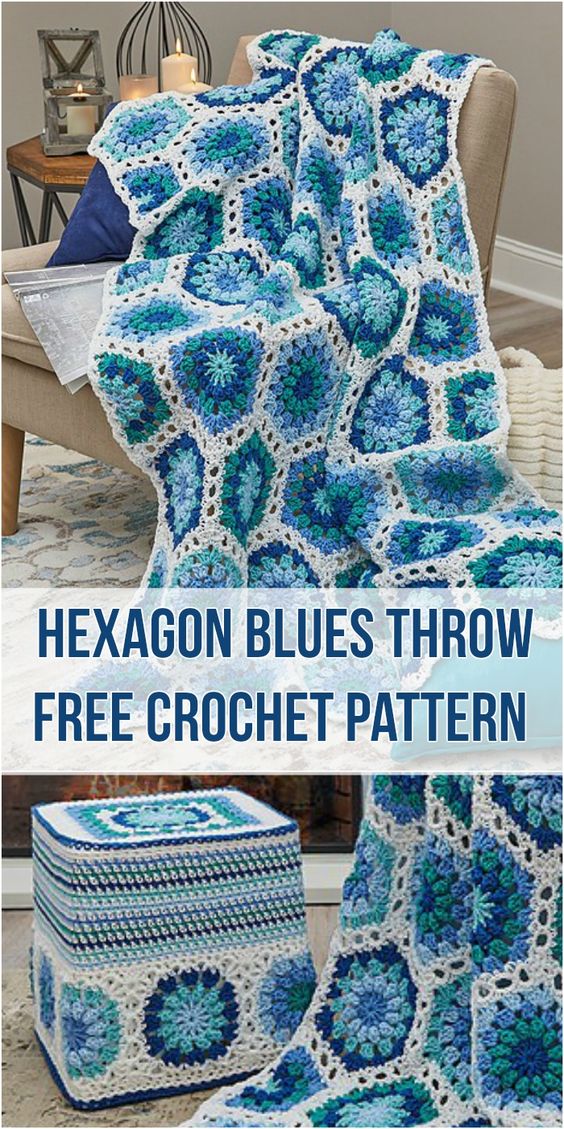 Crochet Hexagon Blues Throw [Free Crochet Pattern] #crochet #hexagon #freepattern