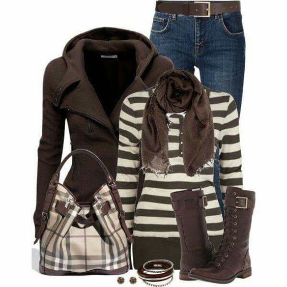 Brown jeans sweater and cute boots.