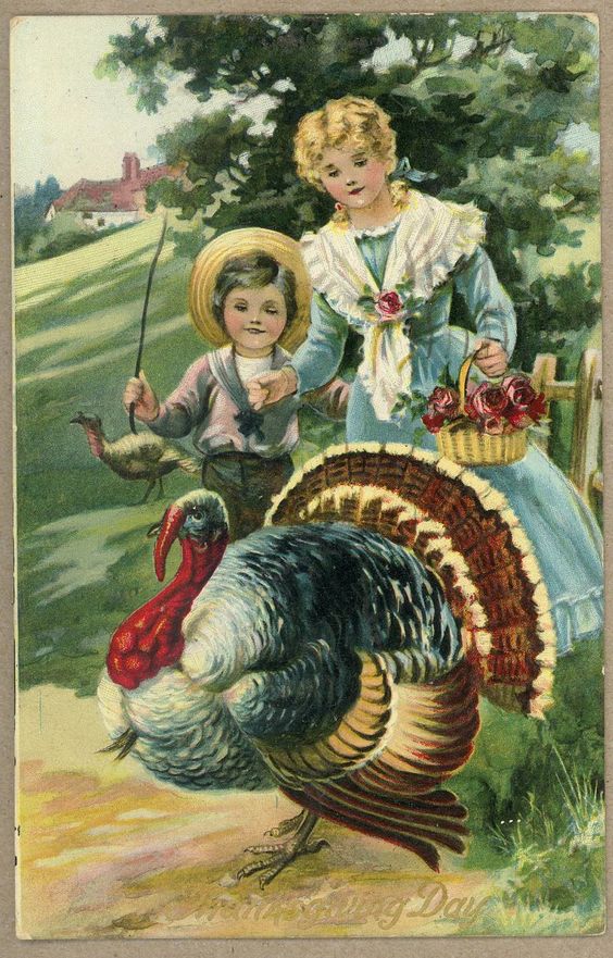 Vintage Thanksgiving postcard - circa 1910 - Turkey and two children with basket.