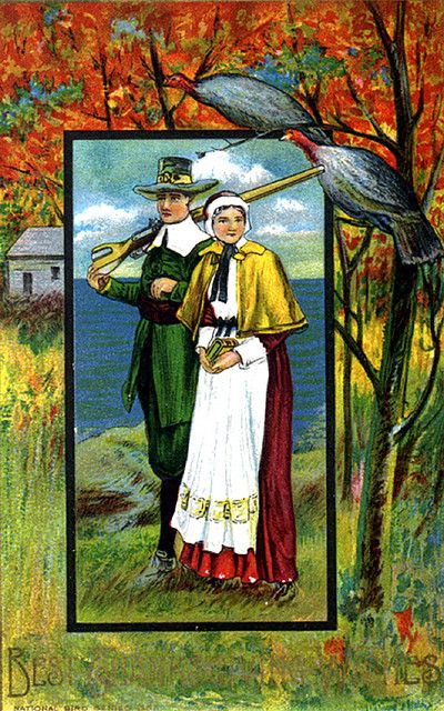 Gorgeous Fall Scene with Pilgrims--Vintage Thanksgiving Postcard