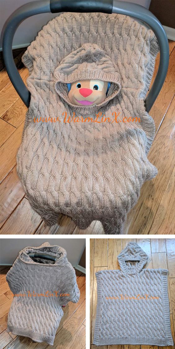 Free Knitting Pattern for Baby Poncho Blanket - Little Mouse Carseat Poncho is a cabled baby blanket with hood that can be used as a poncho, car seat cover with or without hood, or blanket. Designed by Weiyan Huang