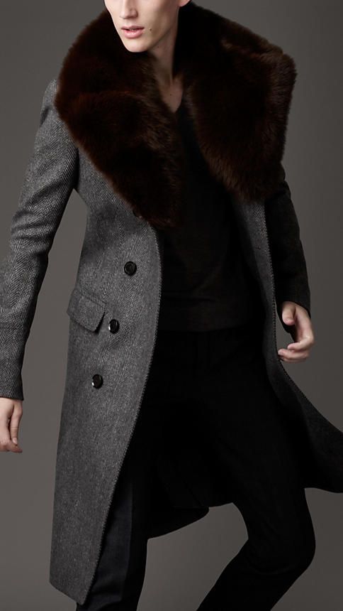 OK, so a photo of the actual Burberry coat I'm salivating over ain't loadin', so this was my second fave: a structured tweed pea coat in brushed wool and mohair herringbone weave with a dyed fur over collar.