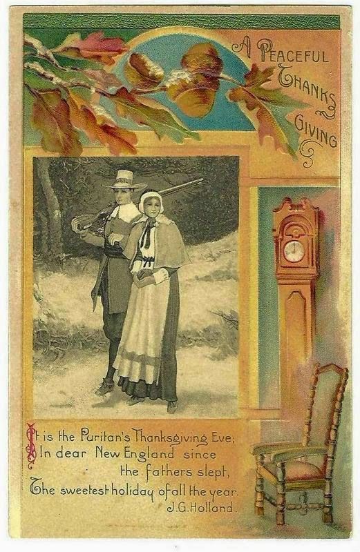 Antique Victorian Era Postcard Thanksgiving Pilgrims