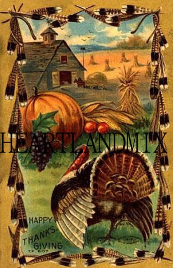 Happy Thanksgiving Vintage Image Turkey, Pumpkin, corn field, barn Download Printable Wall Art