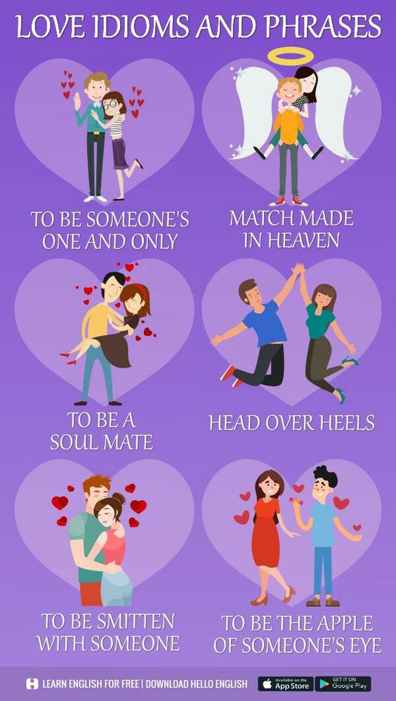 Love idioms and phrases:  1. Double date: A date which involves two couples.  2. Match made in heaven: A relationship that is likely to be happy and successful.  3. Puppy love: Temporary infatuation between young people.  4. Head over heels: To be very much in love with someone  5. Lovey-dovey: Making an excessive display of affection  6. Have the hots: To be extremely attracted to someone  7. Love at first sight: strong and immediate attraction to someone you have just met
