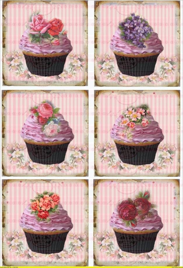 Vintage Shabby BÃ¼gelbild Cupcake Blumen Rose