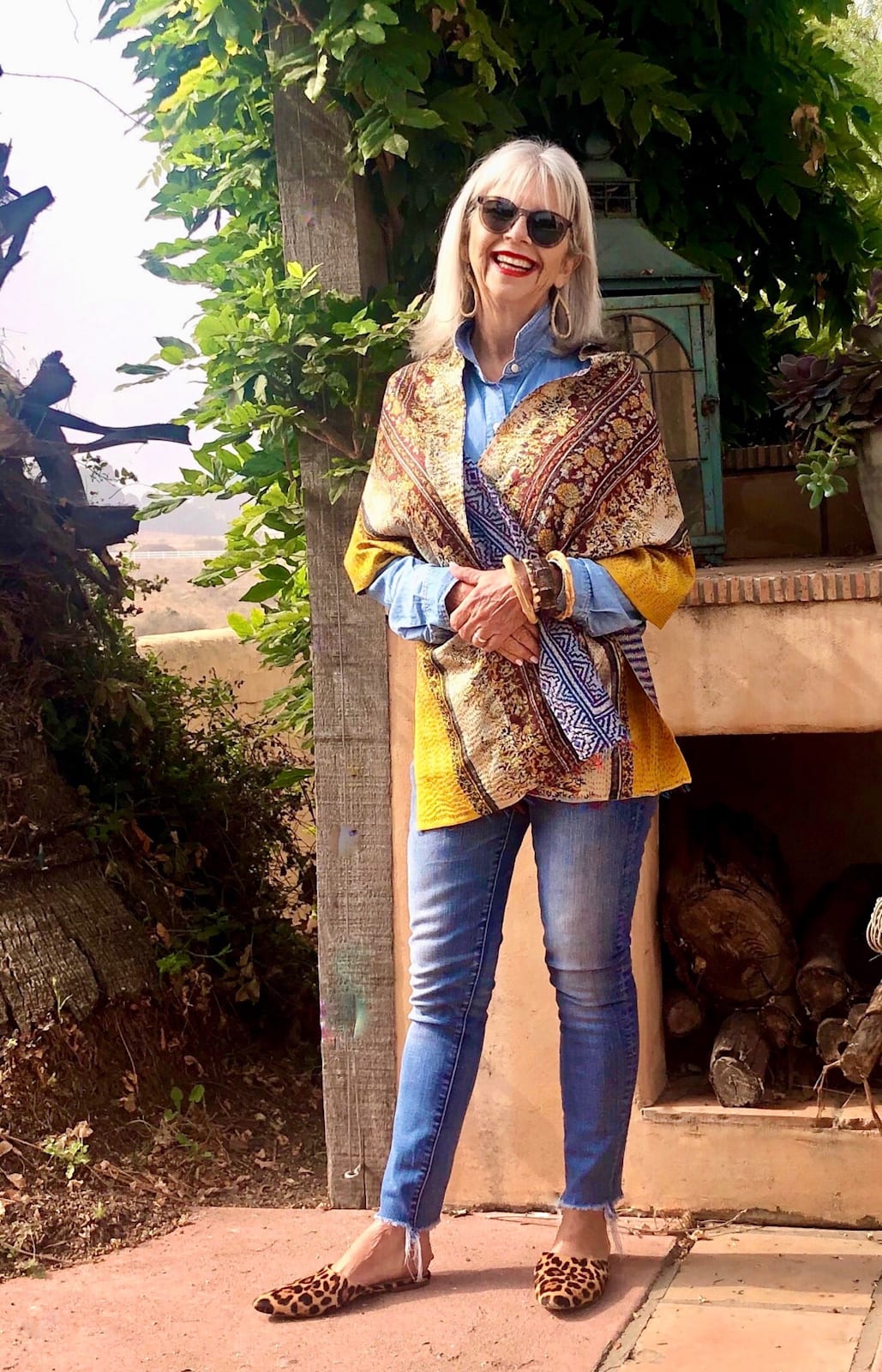 over 50 fashion blogger cindy hattersley in kantha scarf, j crew chambray and madewell jeans