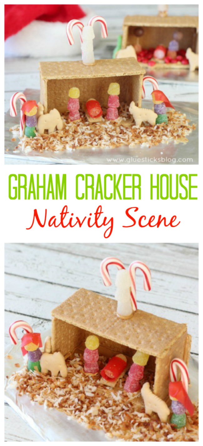 Change things up a bit this holiday season and make a nativity instead of the traditional graham cracker house! Complete with a gum drop baby Jesus and animal cracker animals. A fun activity to make with the kids this year while talking about the Christmas story.