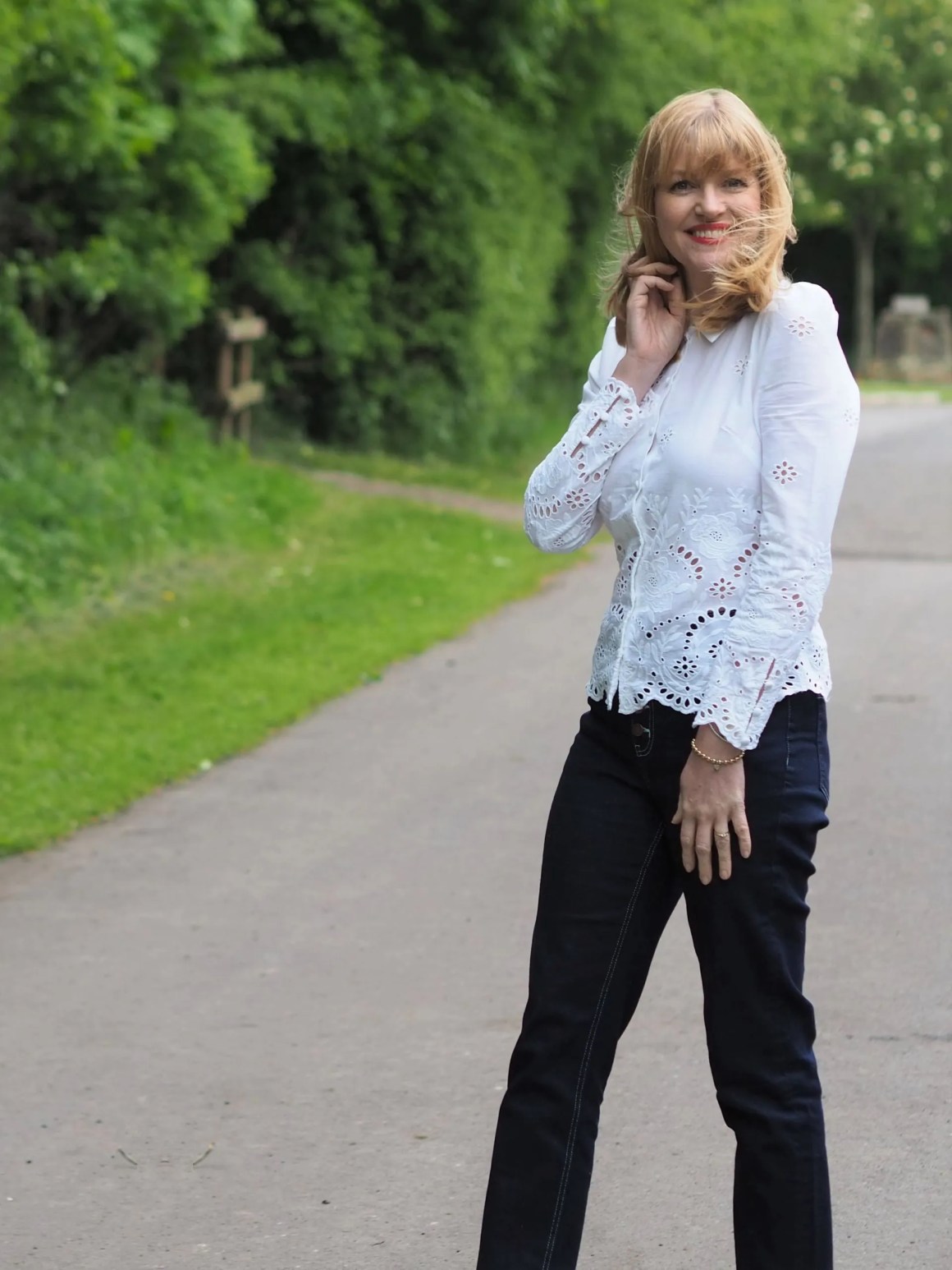 broderie anglaise blouse and button fly jeans