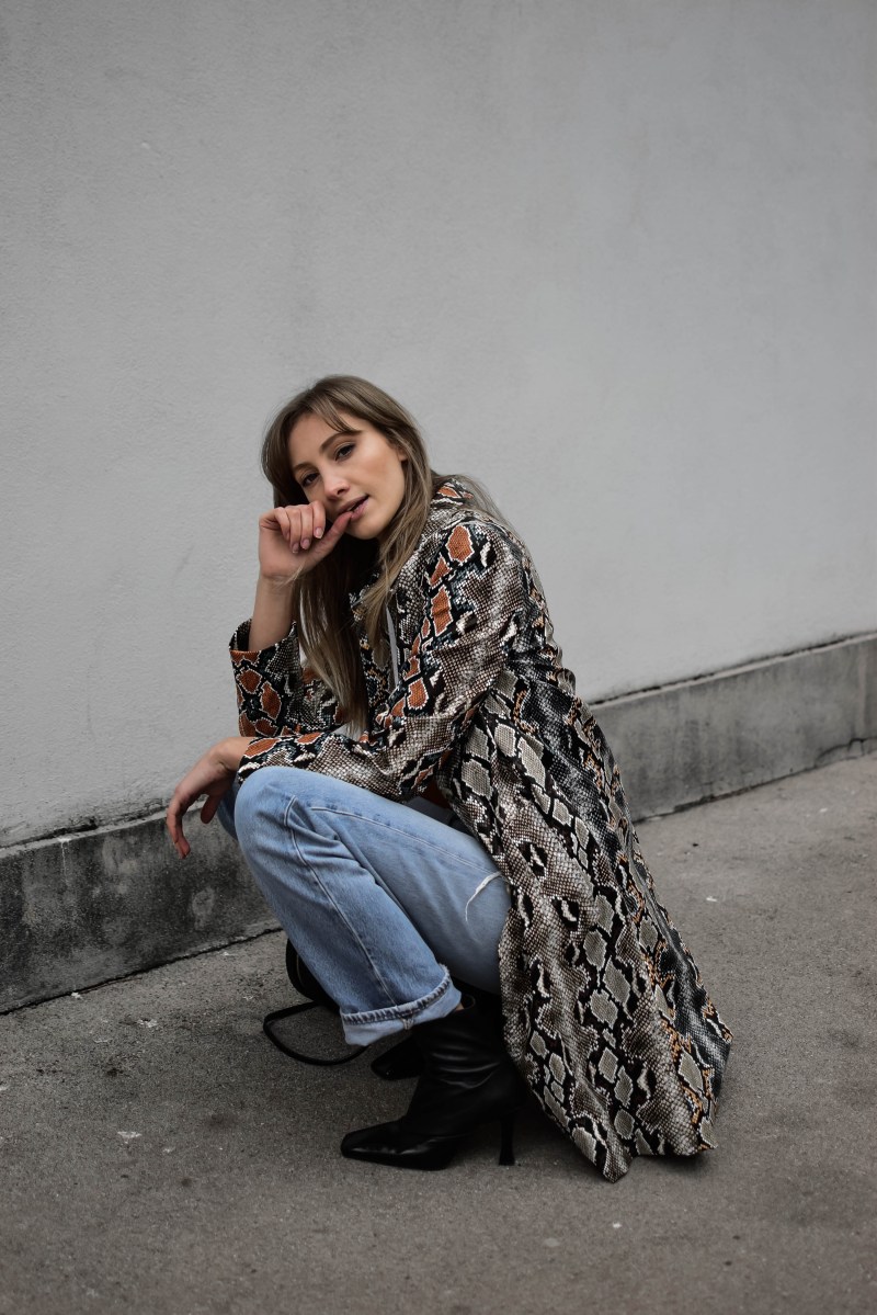 snake print coat outfit french connection style