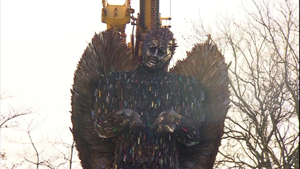 The 27-ft (8m) Knife Angel sculpture is a tribute to victims of knife crime.