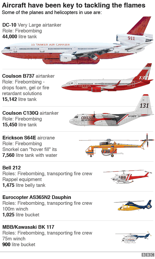 Infographic showing the aircraft in use in the firefighting operation