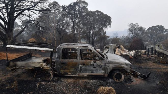 A woodchip mill burnt by bushfires in Quaama in Australia's New South Wales