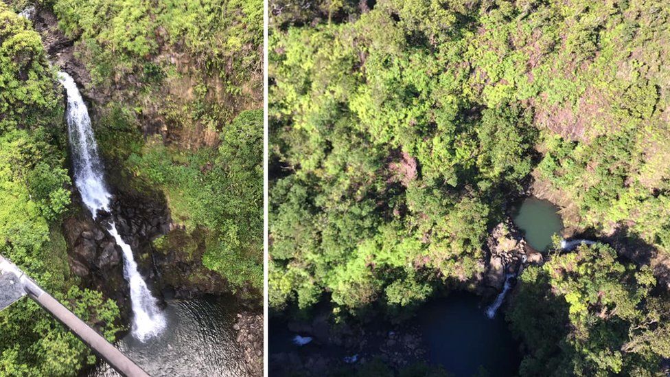 Aerial shots showing the waterfall ravine area where she was found
