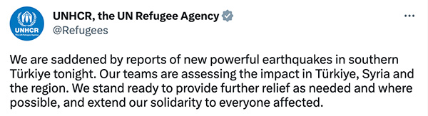 A screenshotted tweet from UNHCR about standing in solidarity with Türkiye and Syria