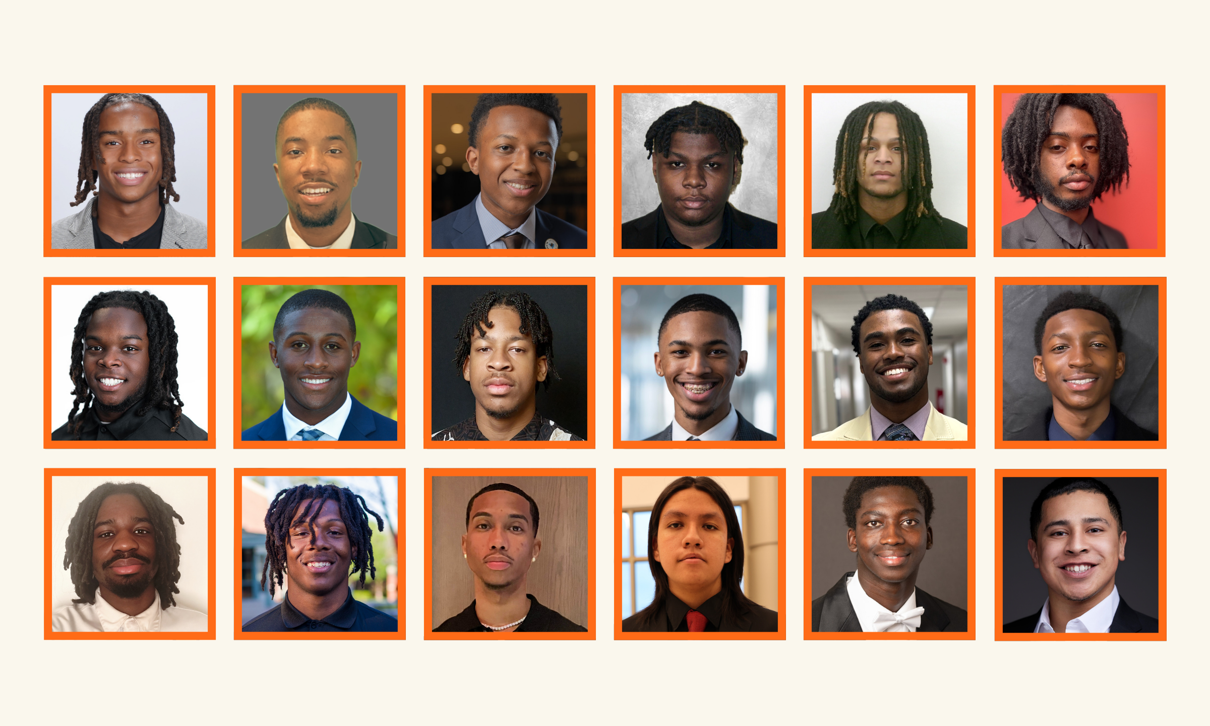 A collage shows eighteen young men with light-medium to dark skin tones