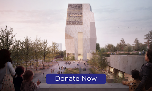 A rendering of the future site of the Obama Presidential Center. The rendering depicts the Museum tower at the center of the image, with crowds of people gathered at the Plaza in an early afternoon