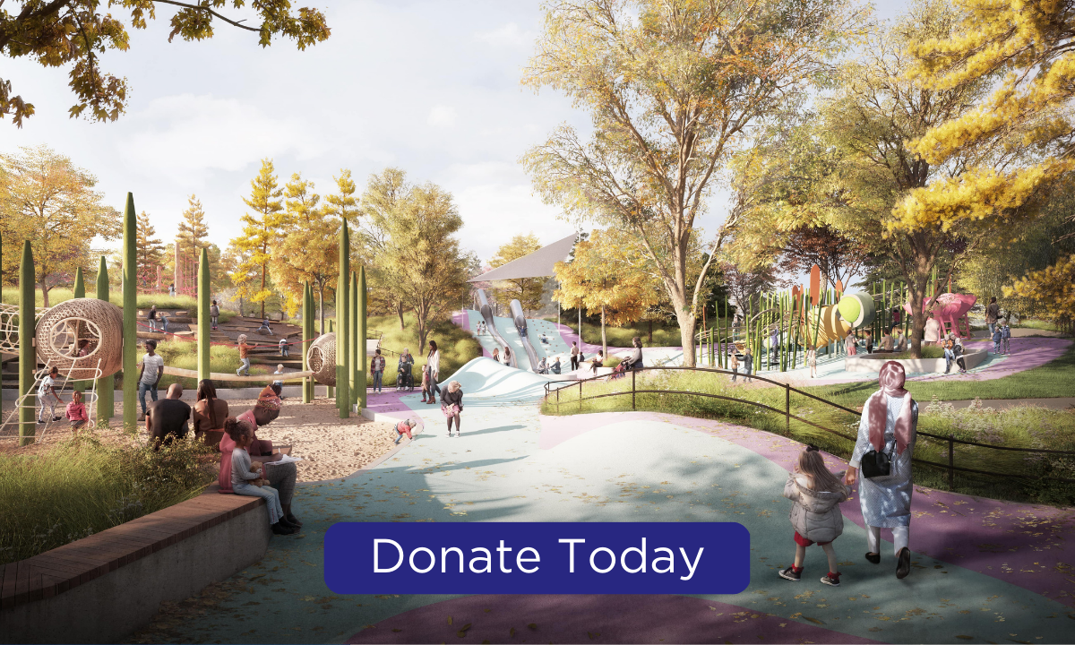 A rendering of the future Children’s Play Area at the Obama Presidential Center that will feature a giant playground with innovative recreation equipment for children of all ages. The design of the play area celebrates the natural environment of Jackson Park, with lagoon and woodland-themed features to stir imaginations and encourage exploration. It will offer four seasons of play with plenty of seating and shade for parents and adults. A blue button that reads “Donate Today” is located at the bottom center and links to the donation page.