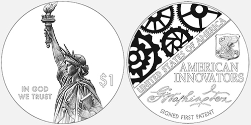 Line art of the obverse and reverse designs for the introductory 2018 American Innovation $1 Coin. Click on the image above or the button below to see photography of the proof and uncirculated coins (theyâre beautiful!)