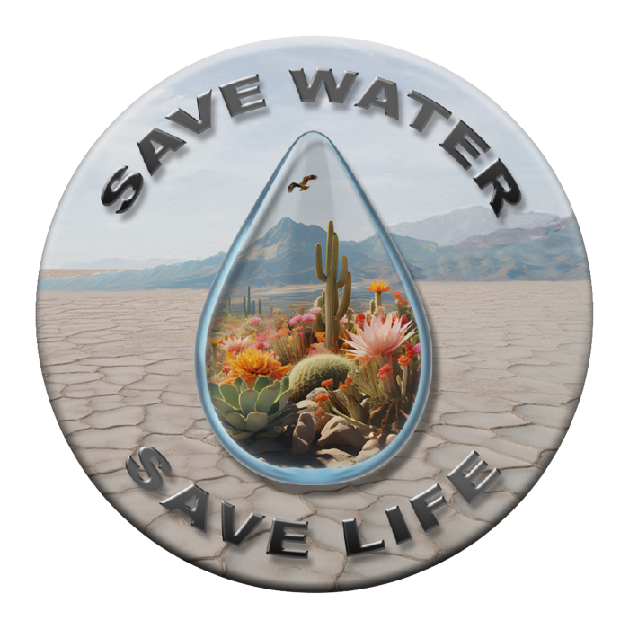 Save Water, Save Life with cracked soil and then lush desert vegetation in a water drop
