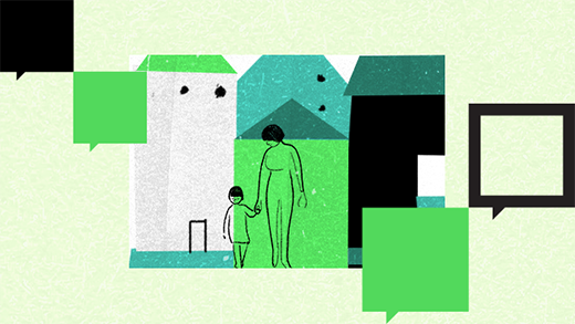 An illustration shows a mother and her child in front of an abstract green, white, teal, and black house surrounded by black and green text boxes.