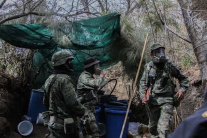 Elementos del ejercito mexicano trabajan desmantelando un narco laboratorio de drogas químicas en los limites de la sierra de Nayarit y Sinaloa. 