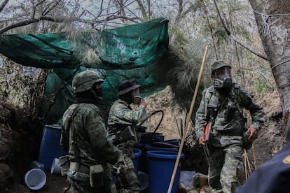 Elementos del ejercito mexicano trabajan desmantelando un narco laboratorio de drogas químicas en los limites de la sierra de Nayarit y Sinaloa.