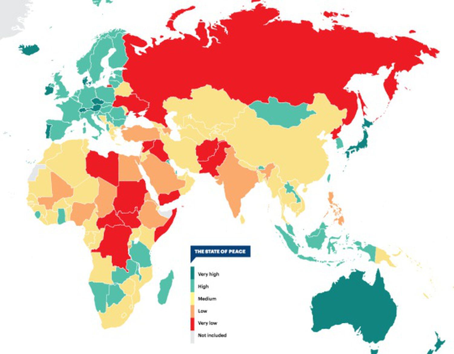 Mapa da paz global do Instituto para a Economia e a Paz. Os países em verde são os mais pacíficos. Clique para ir ao estudo.